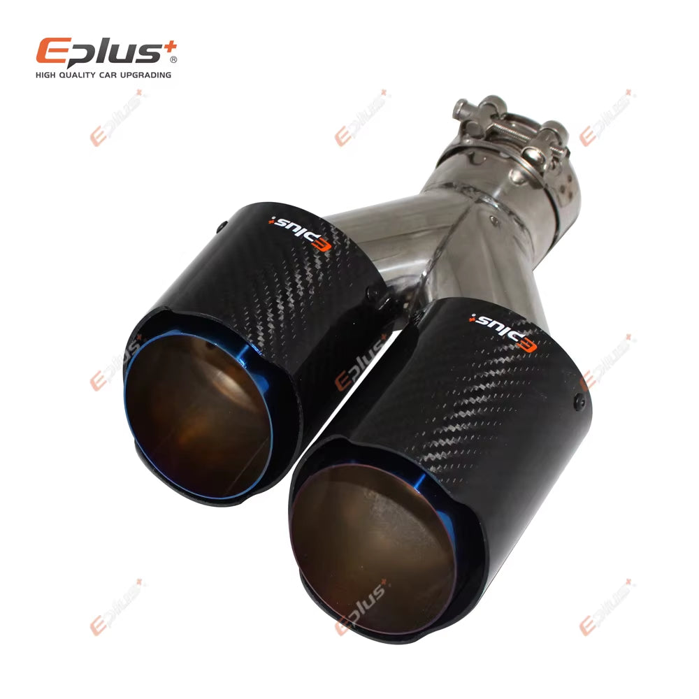 EPLUS Car Carbon Fiber Glossy Muffler Tip Y Shape Double Exit Exhaust Pipe Mufflers Nozzle Decoration Universal Stainless Blue