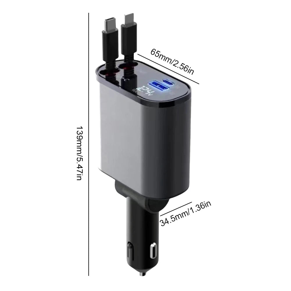 86W PD QC3.0 4 in 1 Flexible Retractable Car Fast Charger for Apple USB Type C Super Fast Charger Cigarette Lighter Adapter