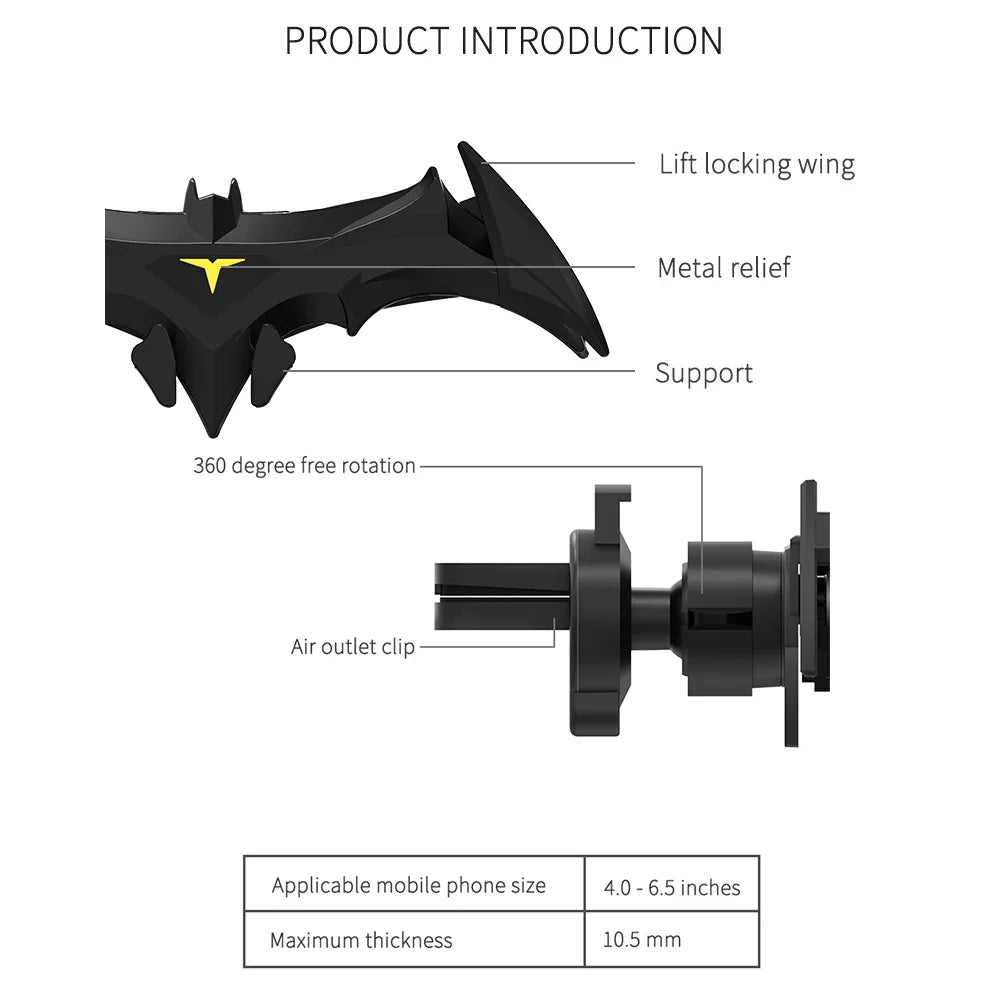 Bat-Shaped Gravity Buckle Type Car Phone Holder Air Outlet Navigation Support Frame for All 4-6.5 Inch Phone for Iphone Samsung